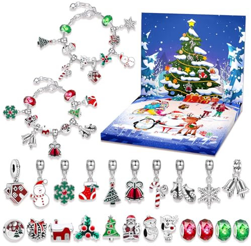 NEERIX 2025 Adventskalender Armbänder,24 Tage Weihnachts Countdown-Kalender mit DIY Schmuck Set,mit 24 Charms und 2 Armbändern