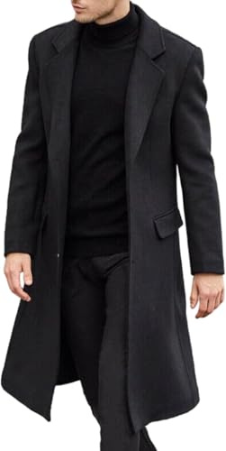 Gabardina Informal para Hombre, Abrigo Ajustado con Cuello con Muescas, Chaqueta Larga, Abrigo de un Solo Pecho, Abrigo de Guisantes con Bolsillos (Negro,XL)