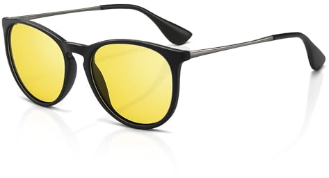 SUNGAIT Vintage Round Women's Sunglasses Classic Retro Designer Style Polarised Sunglasses SGT567SHKYSEU, Black frame (matte finish)/yellow night lens, One Size