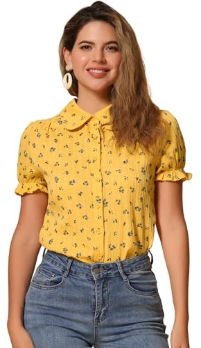 Allegra K Chemise à col Rabattu en Coton à Volants pour Femmes | Tissu en coton, vintage des années 1950, col Peter Pan, haut à volants, boutonné, manches courtes à bulles
