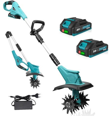 Yofidra Motobineuse électrique sans Fil 21 V, 360 TR/Min, avec 2 Batteries de 2 Ah, 500 W, Largeur de Travail de 23 cm, Profondeur de Travail de 16 cm, pour Le désherbage et l'ameublissement du Sol