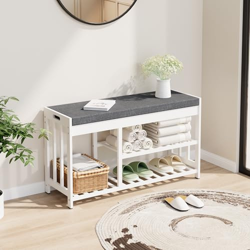 Shoe Rack Bench for Entryway, Bamboo Shoe Storage Bench with Cushion