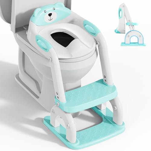 Toilettensitz Kinder mit Treppe, Upgraded WC Aufsatz für Kinder für Jungen und Mädchen, 2-in-1 Toilettentrainer mit Treppe, Höhenverstellbar Bequemer Sicherer Toilettensitze (Blau DREI Treppe)