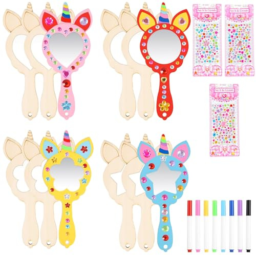 XSHAO® 12 Pcs Kits Bricolage Miroir Licorne en Bois, Miroir en Bois a Decorer Enfant pour Activité Manuelle Fête Anniversaire Cadeau de Noël