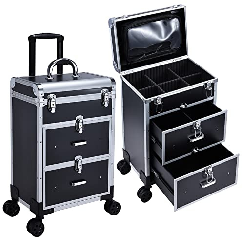 Valise Maquillage Professional Malette Maquillage Malette Onglerie Valise Coiffure de Voyage Trolley Esthetique pour Maquillage/Ongles/Cheveux, Noir