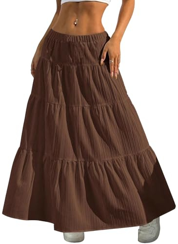 PADOLA Jupe Longue Femme Automne Hiver A-Ligne Taille Élastique Jupes Boheme à Volants Décontractée Jupe Trapèze à Double Épaisseur Jupe Plissée Chic et Élégante Vacances Jupon (Marron, L)