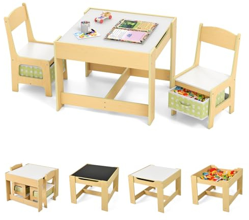 GOPLUS 3-en-1 Table Enfant avec 2 Chaises et Tableau Noir/Blanc (Vert) | Petite Table de Dessin Réversible à Double Face, 2 Boîtes de Rangement, Bureau Enfant Polyvalente pour Manger Etudier Jouer