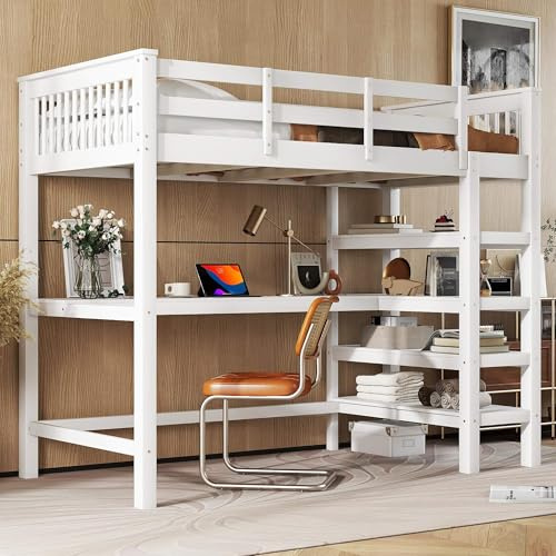 YCYDHDM Cama alta para niños de 90 x 200 cm con escritorio y estantes, litera de madera con somier y espacio de almacenamiento, diseño de valla de seguridad, cama para niños y adolescentes, color