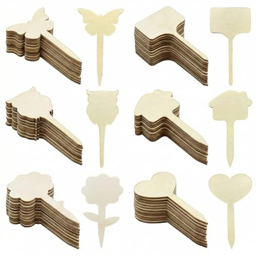 VAEIORP Set da 60 Etichette in Legno per Giardino – 6 Forme Decorative – Ecologiche, Riutilizzabili, Ideali per Erbe Aromatiche, Verdure e Fiori – Per Interni ed Esterni