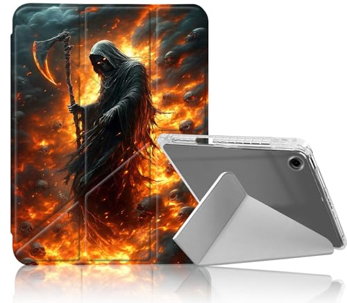 DISUOFEART for Samsung Galaxy Tab A9 Plus Case, Hooded Figure with Scythe in Fiery Realm Clear Protective Cover with Pencil Holder, Multi-Angle Folding Y-Shaped Stand & Auto Sleep/Wake Function