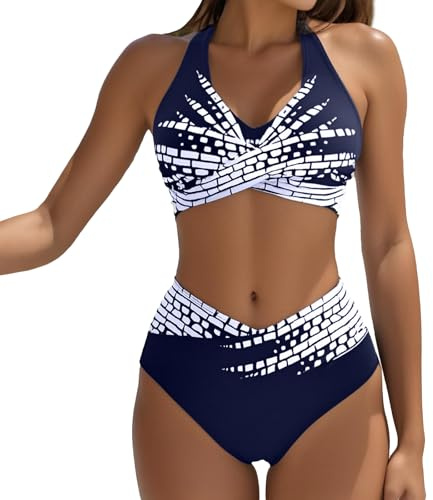 Women's High Waisted Bikini Set Beach 2 Piece Swimsuit Tummy Control Bikini Set Bikinis Sexy Beach Vacation Clothes for Women Beach Swimsuit (UK, Alpha, S, Regular, Regular, DarkBlue)
