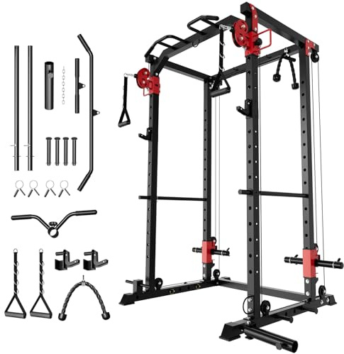 GarveeLife Power Cage, Power Rack with Cable Crossover System, 2000LBS Squat Rack with LAT Pull Down System, Workout Cage with Pulley System for Fitness Home Gym Strength Training(Red and Black)