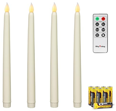 Rhytsing Set di 4 Candele a Led Bianco Coniche con Telecomando e Batterie, Natale Decorazione Luminosa Uso Interno H 27,5cm