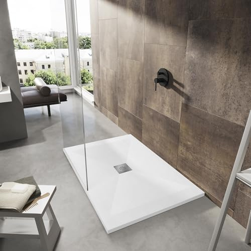 Piatto doccia bianco 80x120 in marmo e resina, effetto pietra, slim 3cm con massa piena e Gelcoat