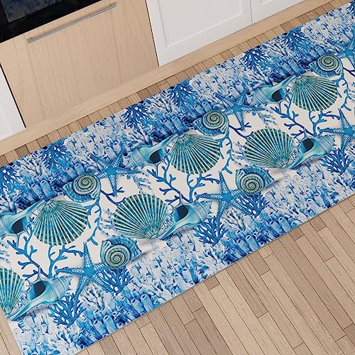 PETTI ARTIGIANI ITALIANI - Alfombra de Cocina Antideslizante y Lavable, Pasillo para Cocina, Alfombra Runner 52x100 cm Diseño Coral Azul 100% Made in Italy