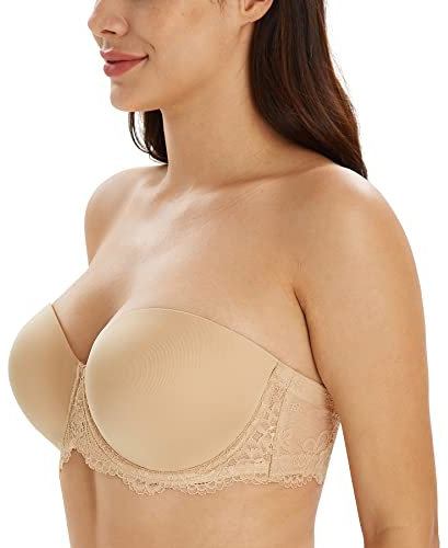 Lemorosy Women's Plus Size Full Coverage Lace Strapless Bra Underwire Multiway Contour Red Carpet(Lace Beige,36D)