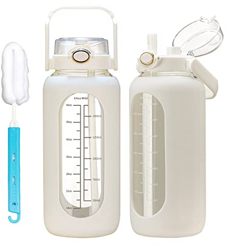 chunmo 64oz Glass Water Bolttles with Straw Half Gallon Large Motivational Water Bottle with Time Marker Sports Water Bottles with Silicone Sleeve and Handle Lid Water Jug for Gym Workout
