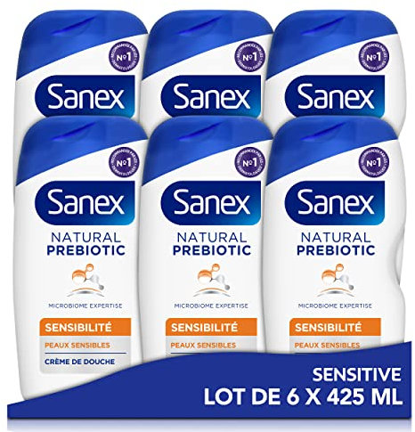 SANEX - Natural Prebiotic Peau Sensible- Gel douche formule Crème- Nettoie en Douceur - Minimise Risque d’Irritation - Complexe Prébiotique & Postbiotique - Testé Dermatologiquement - Lot de 6 X 425mL