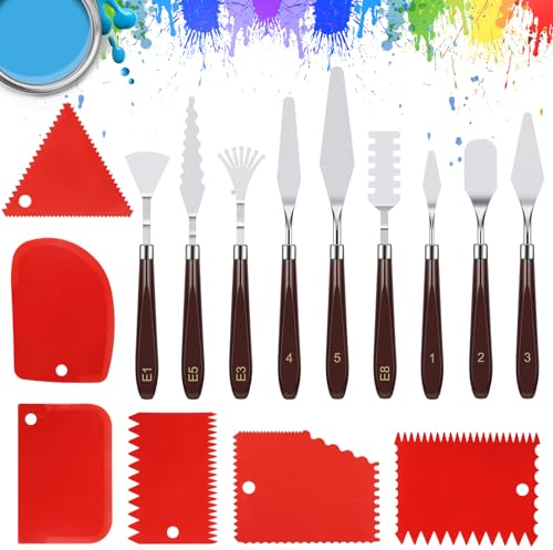 Hejo 15 Pièces Ensemble de Couteaux à Peinture, 9 Couteaux à Palette Acier Inoxydable, 6 Plastique Couteaux Grattoirs, Spatule Peinture Acrylique pour Peinture à L'huile, Aquarelle, Pétroglyphes