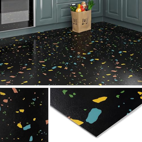 Livelynine Floor Tiles Self Adhesive Black 30x30 Peel and Stick Floor Tiles Bathroom Terrazzo Waterproof Vinyl Flooring Tile Kitchen Stick on Floor-Tiles Black for Hallway Bedroom Kids Room, 4 PCS