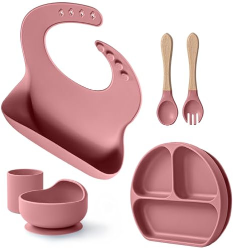 WILLBETTER 6-Pcs Silicone Baby Feeding Set for Weaning & Self Feeding | Strong Suction Divided Plates & Bowl, Bib, Spoon & Fork | Food Grade BPA-Free, Dishwasher Safe | Non-Slip Toddler Kit