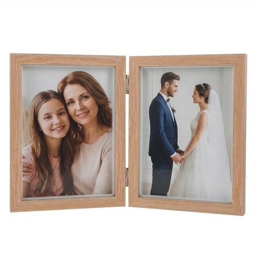 Double Photo Frame 5x7, Hinged Folding Wood Picture Frame with Clear Glass, Tabletop Display for 2 Photos for Wedding, Family, Baby