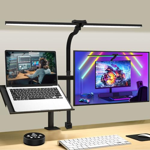 ERAY Doppelkopf Schreibtischlampe LED mit Gestensteuerung & Fernbedienung, 24W 80CM RGB Klemmbar Dimmbar Tageslichtlampe Schreibtisch Lampe, Schwanenhals Büro Tischlampe Mit Schwenkarm, Monitor Lampe