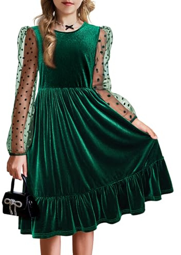 Arshiner Robe Filles Velours Soirée Manches Longues Robes Fête Volants Princesse Unie Enfants Automne Hiver Halloween Noël Robe avec Poche 6-13 Ans