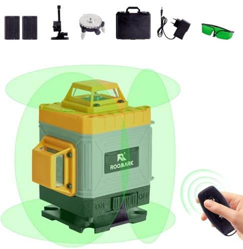 Roomark Nivel Laser Autonivelante 4 x 360 °, Nivel Laser Verde 16 Líneas, 2 x 360 Horizontal y 2 x 360 Verticales, 2 x Baterías, Soporte de Pared, Control Remoto, Base Magnética (Naranja-Gris)