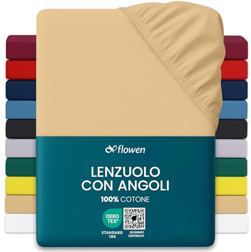 Lenzuola con Angoli una Piazza e Mezza 140x200 cm Beige in 100% Puro Cotone per Materasso fino a 30cm Tessuto Anti-Acaro e Traspirante di Alta Qualità Morbido Durevole e Lavabile in Lavatrice