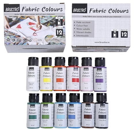BRUSTRO Artists tygfärger – set med 12, 30 ml färgflaskor | Högpigmenterad färg, blekningsbeständig, vattenlöslig, blandbar, permanent, perfekt för duk, handmålning, textilfärg, gör-det-själv-mode