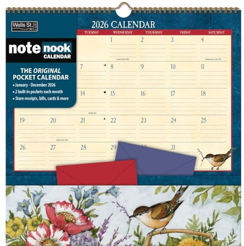 WSBL Heart & Home 2026 Note Nook Wall Calendar – 12-Month Organizer Calendar with Dual Storage Pockets, Tranquil Home & Garden Artwork by Susan Winget, 12″ × 12.125″