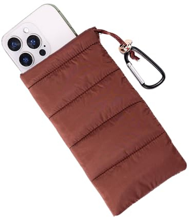 Lyreh Housse Thermique pour Téléphone, Coton Duveteux Pochette pour Téléphone Portable Protection Contre Le Gel et la Surchauffe avec Mousqueton Idéal l'Extérieur, Camping la Randonnée Ski (Marron)