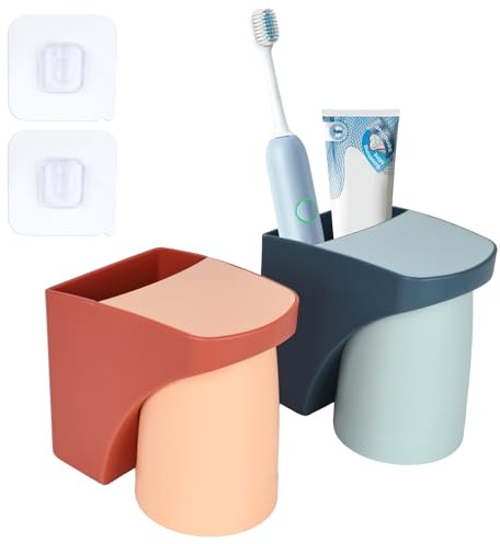 elthmpr Portavasos para cepillos de dientes sin taladrar, 2 soportes para cepillos de dientes de pared, soporte para vasos de dientes con vaso magnético, juego de vasos de plástico para familia