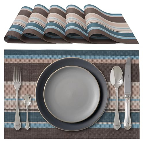 IPEA Sets de Table élégants 45 x 30 cm pour Dîner, Déjeuner, Petit Déjeuner - 6 unités - Set de Table Lavable, Résistant au Chaleur, antidérapant et Anti-Taches Tables Cuisine - Marron, Bleu, Beige