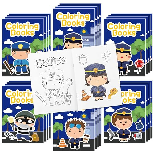 JAPBOR Police Coloring Books for Kids - 24PCS Mini Policemen Color Book Bulk Party Favors, Police Themed Small Colouring Pages for Birthday Gifts Classroom Drawing Painting Games Goodie Bag Filler