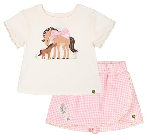 John Deere Horse Little Girls T-Shirt and French Terry Wrap Skort Gingham Pink/White Horses 5
