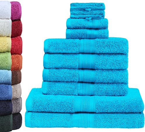 GREEN MARK Textilien 10 TLG. FROTTIER Handtuch-Set mit verschiedenen Größen 4X Handtücher, 2X Duschtücher, 2X Gästetücher, 2X Waschhandschuhe | Farbe: Türkis | Premium Qualität
