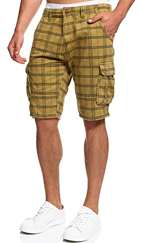 Indicode Herren Monroe Cargo Cargo-Shorts inkl. Gürtel | Bermuda Männer Sommerhose aus Baumwolle Amber Check, 3XL