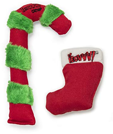 YEOWWW Catnip Cat Toy For Cats -Premium Quality Strong Organic Catnip Cat Toy Bundle (1 X Candy Cane Cat Kicker 20Cm And 1X Christmas Stocking 7Cm)