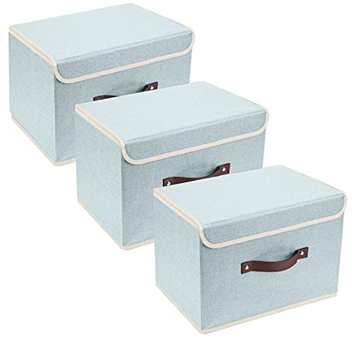 TYEERS Collapsible Storage Box with Lid, Fabric Storage Box for Clothes, Wardrobe Storage, 38x25x25 cm, Set of 3, Aqua Spring