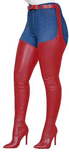 bbruriy Women PU Leather Stretch Over The Knee Boots Stiletto Heel High Thigh High Boots Fashion Zipper Sexy Pointed Toe Long Boots with Adjustable Waist Belt,Red,39