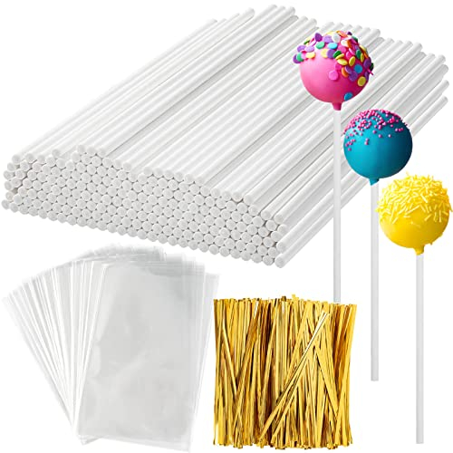 300Pcs Lollipop Sticks and Wrappers Kit, 100Pcs 6IN Cake Pop Stick, 100pcs Clear Candy Treat Bags Parcel, 100pcs Gold Twist Ties for Lollipops, Candies, Chocolates Cookies