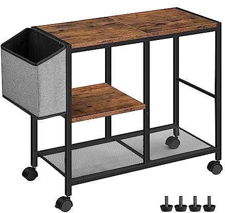 MAHANCRIS Druckertisch mit Rollen, Druckerständer mit Tasche, 3 Ebenen Druckerwagen, 63 x 30 x 60 cm, Druckerständer mit Arretierbaren Rädern, für Studie, Büro, Rustikales Braun APTHR2201