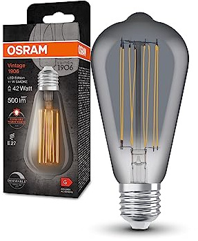 OSRAM VINTAGE 1906 LED -lampa med rökfärg, 11W, 500 lm, Edison Form med 64 mm diameter & E27 -uttag, varm vit ljusfärg, rak glödtråd, dimbar, upp till 15 000 timmars livslängd