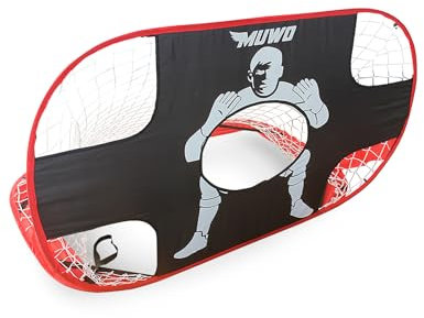MUWO Pop Up Indoor Outdoor Football Goal with Goal Wall Dimensions 121 x 81 x 73 cm, Compact Design, Quick to Assemble and Dismantle. Includes Carry Bag. (Black/Red)