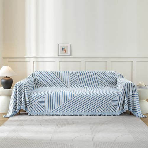 YSTELLAA Sofföverdrag 1-Sit, 180×230CM, Chenille Ab-Sidigt Överdrag För Hörnsoffa, Pet Soff Cover Överdrag, Sofföverkast Fläckbeständig Heminrednin, Sofföverdrag Med Tofs, Blå-Line