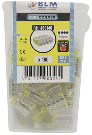 connecteurs automatiques - mini connex - 4 entrées - jaune - boite de 100 - blm distribution 460140