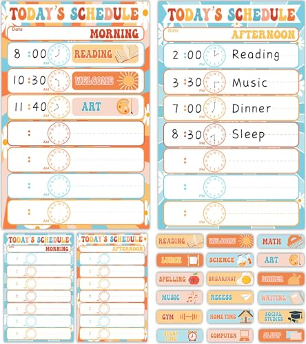 4 x Retro-Tagespläne, 43,2 x 28,9 cm, Boho-Schulklassen-Stundenplan, Tagesplan, Klassenzimmer-Poster, trocken abwischbar, Klassenzimmer-Poster für Kinder, Verhalten, Lernen, Klassenzimmer, Schule,