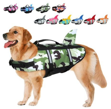 Rettungswesten für Hunde Schwimmweste Hunde Hai, Leicht und Sicher für Wassersport, hundeschwimmweste mit Griff und Reflektierend für Kleine Mittlere und Große Hunde Tarnung Grün XS